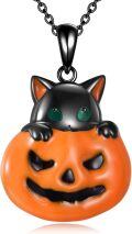 wholesale 925 Sterling Silver Black Cat on Pumpkin Halloween Charm Necklace Gift-0-0