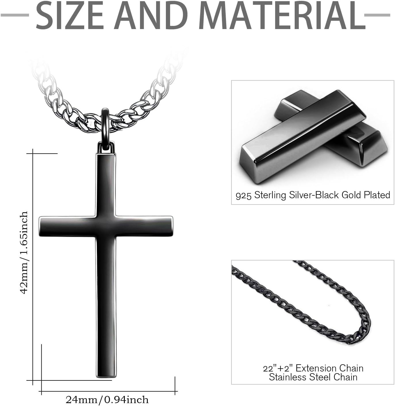 wholesale Stainless Steel Black Plated Mens Cross Pendant Necklaces for Men s 24 Chain-0-3