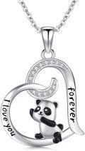 wholesale 925 Sterling Silver Heart-Shaped Panda Pendant Necklace with Cubic Zirconia and Engraved I Love You & Forever 18 inches Chain Length-0-0