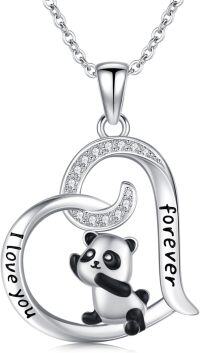 wholesale 925 Sterling Silver Heart-Shaped Panda Pendant Necklace with Cubic Zirconia and Engraved I Love You & Forever 18 inches Chain Length-Panda