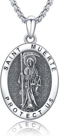 wholesale 925 Sterling Silver Saint Muerte Grim Reaper Pendant Necklace for Men & Women-Retro Style with Black Accents