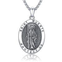 wholesale 925 Sterling Silver Saint Muerte Grim Reaper Pendant Necklace for Men & Women-Retro Style with Black Accents