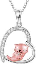 wholesale 925 Sterling Silver Pink Cat in Heart Pendant Necklace for Women Girls Gifts-0-0