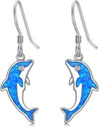 wholesale 925 Sterling Silver Blue Opal Dolphin Dangle Drop Earring Beach  for Women Girls-Dolphin