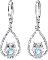 wholesale 925 Sterling Silver Teardrop Moonstone Owl Dangle Earrings - Gifts for Her-Owl 01