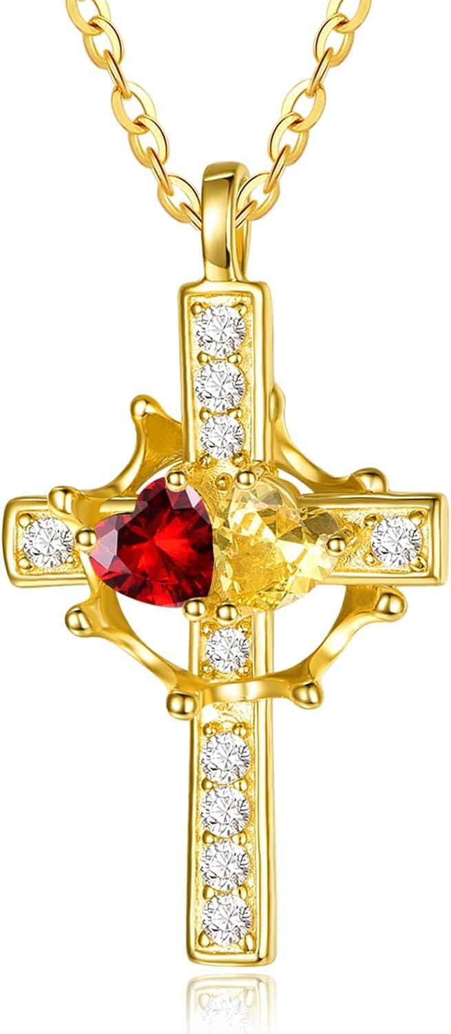 Sterling Silver Birthstones Gold Cross Necklace for Women -01-11-Jan-Nov-01-11-Jan-Nov