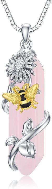wholesale 925 Sterling Silver Bee & Sunflower Pink Stone Pendant Necklace for Women Girls-Sunflower Bee