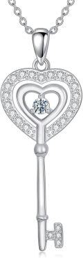 wholesale 925 Sterling Silver Round Cut Moissanite Heart Key Pendant Necklace for Women-0-0