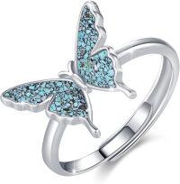 wholesale 925 Sterling Silver Opal Butterfly Adjustable Ring Women s Gift-Butterfly Ring(Turquoise Gravel）