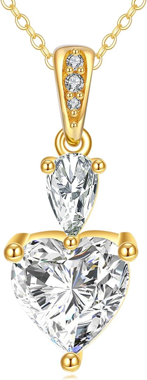 14K Yellow Gold Moissanite 2ct Heart Pendant Necklace Dainty Gift for Women-1.5CT Heart Moissanite+0.3 CT Teardop Moissanite Necklace
