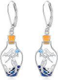 wholesale 925 Sterling Silver 925 Sea Mermaid Bottle-Shaped Dangle Earrings w/Blue Crystal & Orange Stone-0-0