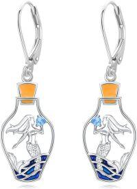 wholesale 925 Sterling Silver 925 Sea Mermaid Bottle-Shaped Dangle Earrings w/Blue Crystal & Orange Stone-Ocean dangle earrings-mermaid