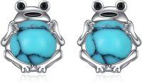 wholesale  Sterling Silver Moonstone Cat Frog Fox Axolotl Panda Cow Monkey Stud Earrings -Frog Turquoise