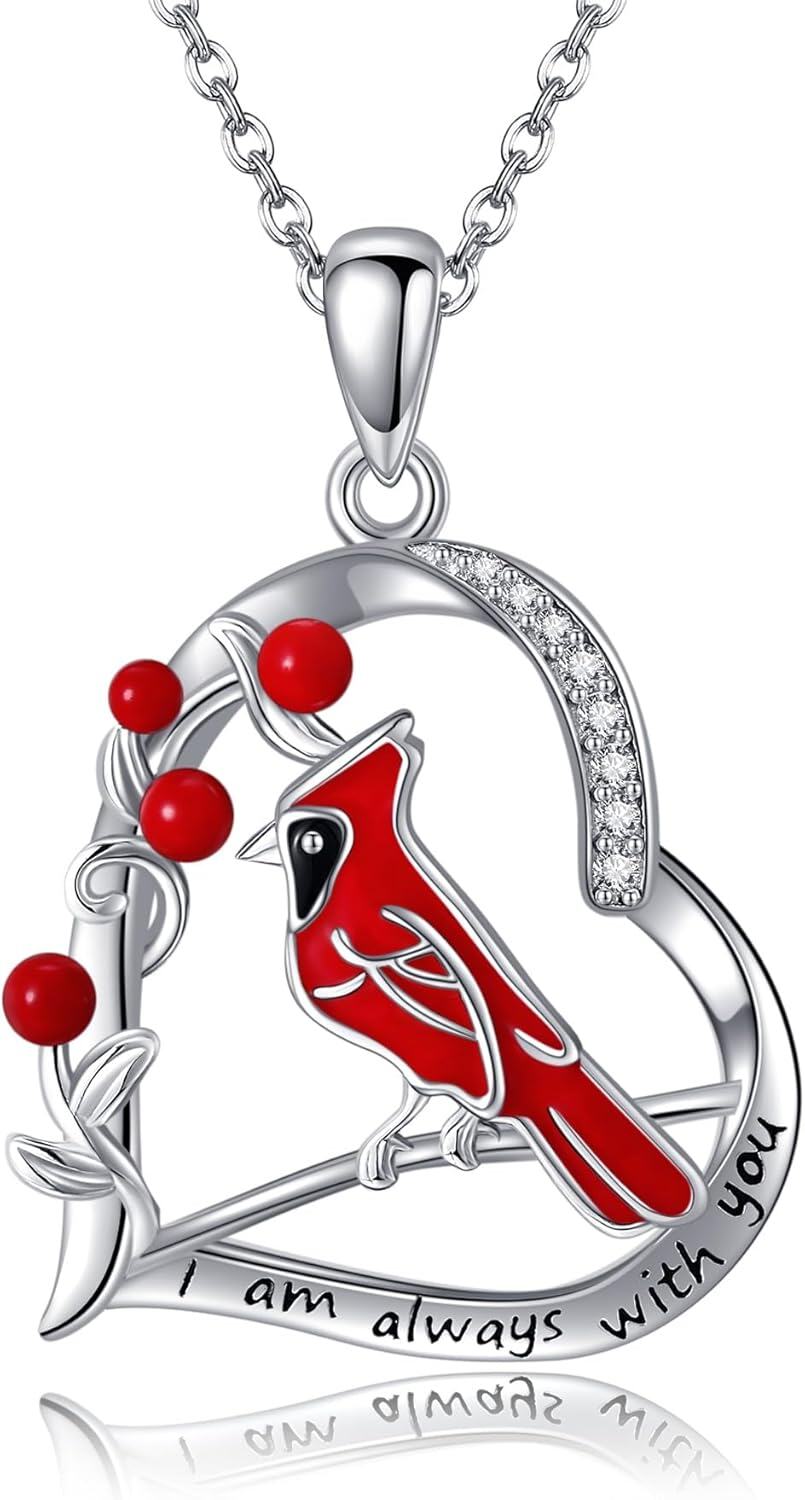 Sterling Silver Stone Animal Necklace for Women Heart Pendant Gift-Cardinal