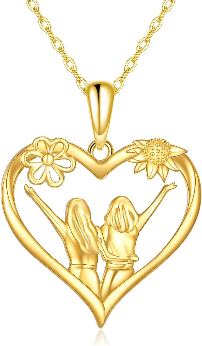 wholesale 14K Gold Heart Pendant Necklace with Sisters and Sunflower Charm for Mom or Daughter - Mothers Day s-0-0