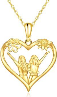 wholesale 14K Gold Heart Pendant Necklace with Sisters and Sunflower Charm for Mom or Daughter - Mothers Day s-1-Heart Sisters