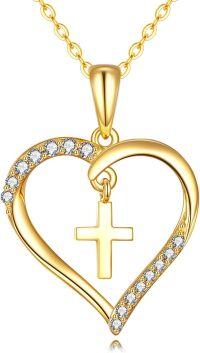 wholesale 14K Gold Heart with Cross Charm Pendant Necklaces for Girls and Women's Gift Set of Two Pieces-Cross Necklace