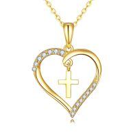 wholesale 14K Gold Heart with Cross Charm Pendant Necklaces for Girls and Women's Gift Set of Two Pieces-Cross Necklace