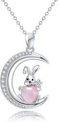 wholesale 925 Sterling Silver Rabbit in Moon Pink Stone Pendant Necklace - Cute  for Women-0-0