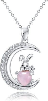 wholesale 925 Sterling Silver Rabbit in Moon Pink Stone Pendant Necklace - Cute  for Women-Bunny