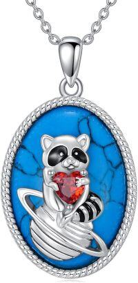 wholesale 925 Sterling Silver Raccoon Pendant with Turquoise Stone and Red Heart Charm Necklace for Women Girls' Gifts Mothers Day Birthdays Christmas-16-Raccoon Turquoise Necklace
