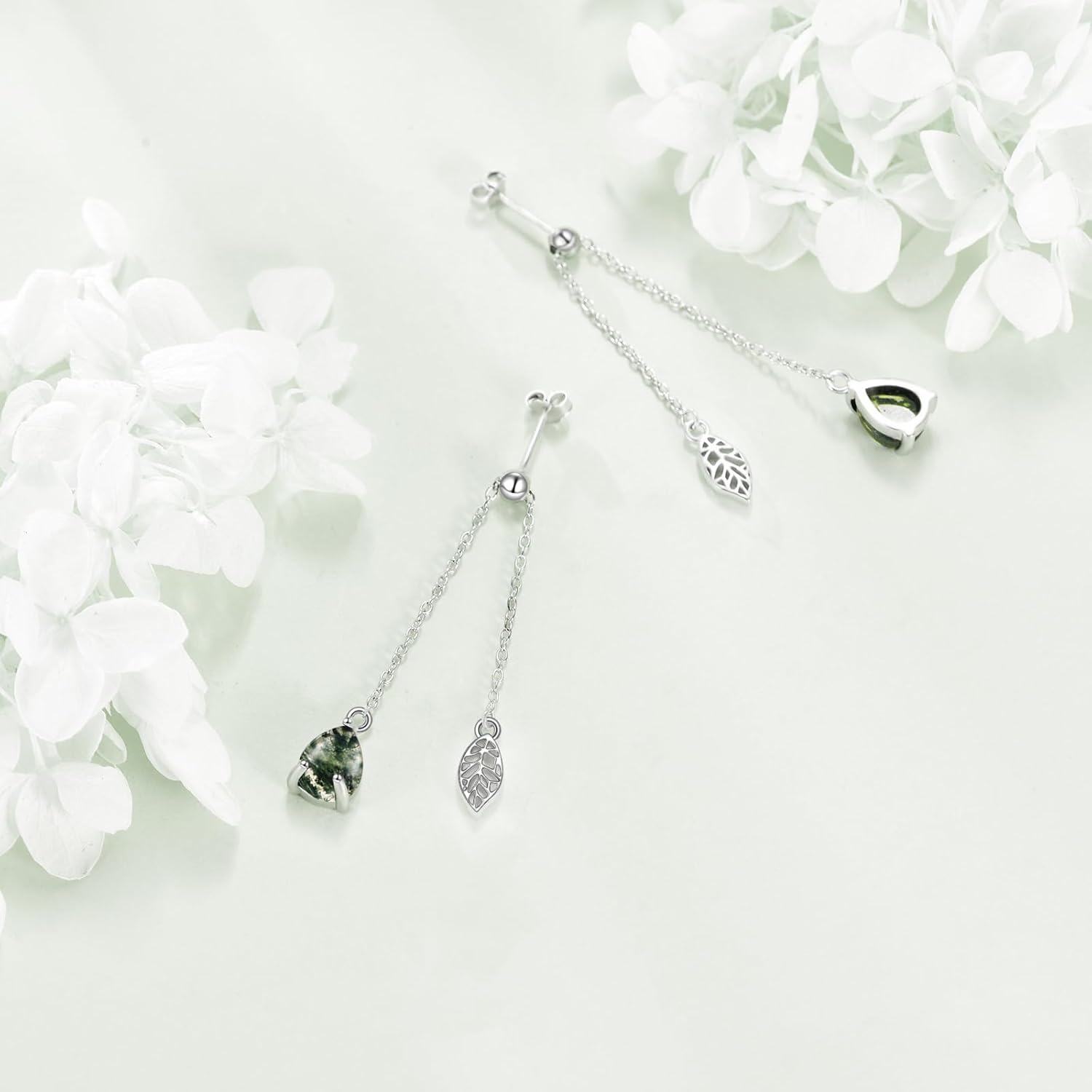 925 Sterling Silver Green Moss Agate Leaf Dangle Threader Earrings for Women-0-3
