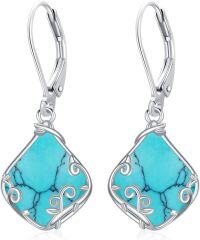 wholesale Sterling Silver Filigree Teardrop Gemstone Dangle Earrings for Women-Turquoise