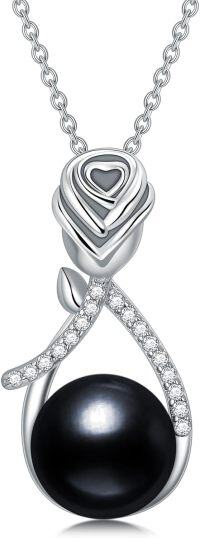 wholesale 925 Sterling Silver Black Freshwater Pearl Heart Pendant Necklace with Cubic Zirconia Accents for Women Girls  43cm Chain Length-Style 1