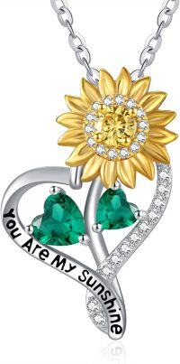 wholesale S925 Sterling Silver with 2-Carat Emerald Sunflower Birthstone Pendant Necklace for Women-05-05-May-May