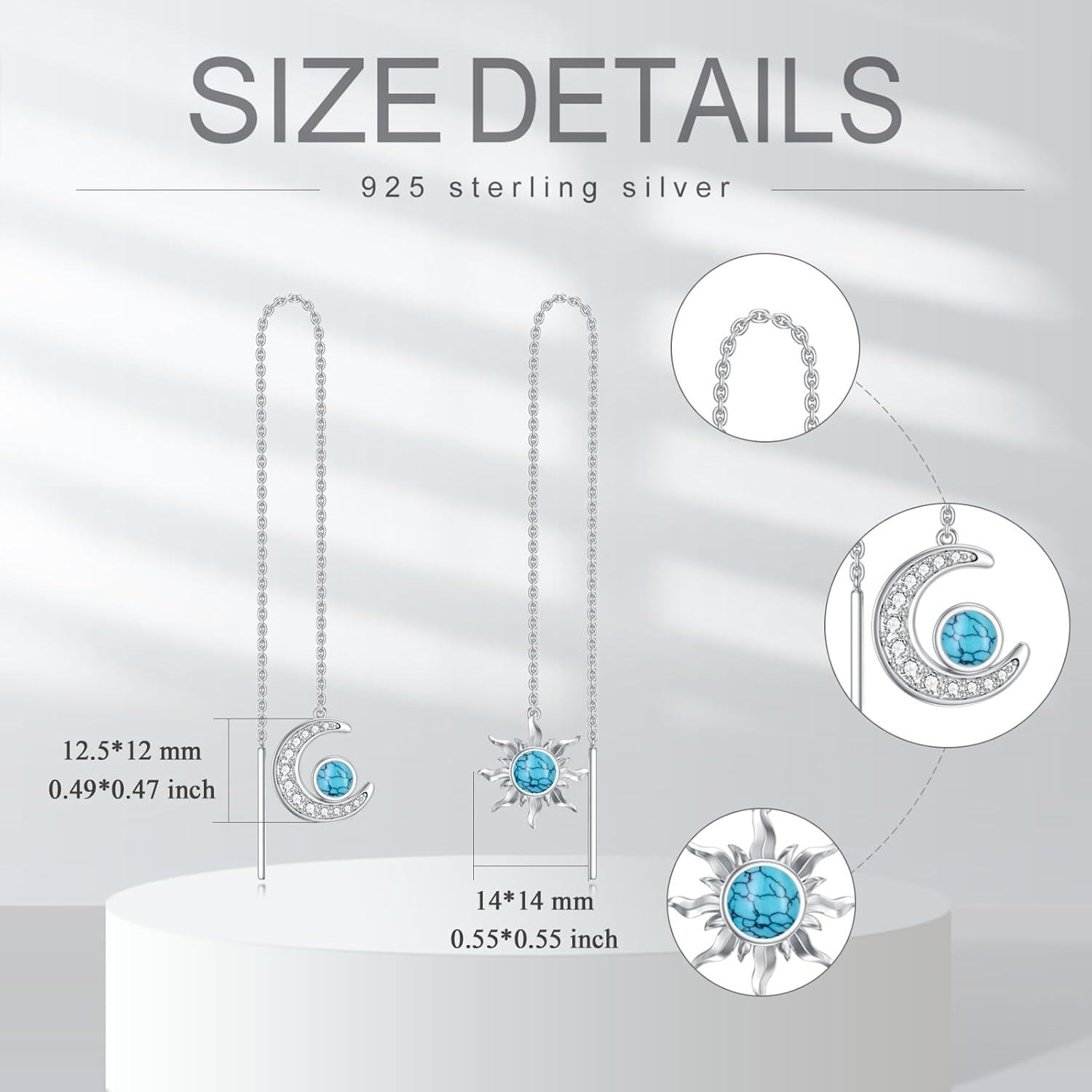 925 Sterling Silver Turquoise Sun & Moon Threader Dangle Earrings-0-1