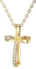 wholesale 14K Gold Flower Cross Pendant Necklace with Cubic Zirconia - 18 Inches Chain Length-0-0