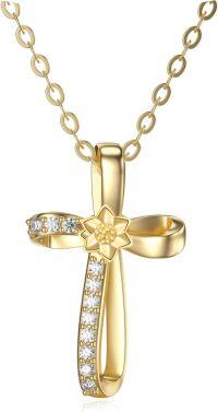 wholesale 14K Gold Flower Cross Pendant Necklace with Cubic Zirconia - 18 Inches Chain Length-style 2-sunflower cross