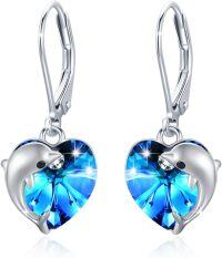 wholesale 925 Sterling Silver Blue Crystal Heart & Dolphin Stud Earrings for Women-Dolphin Earrings E