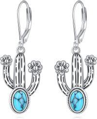 wholesale 925 Sterling Silver & Turquoise Cactus Dangle Earrings, 0.48x1.37 Inch Western Jewelry Gift-Cactus