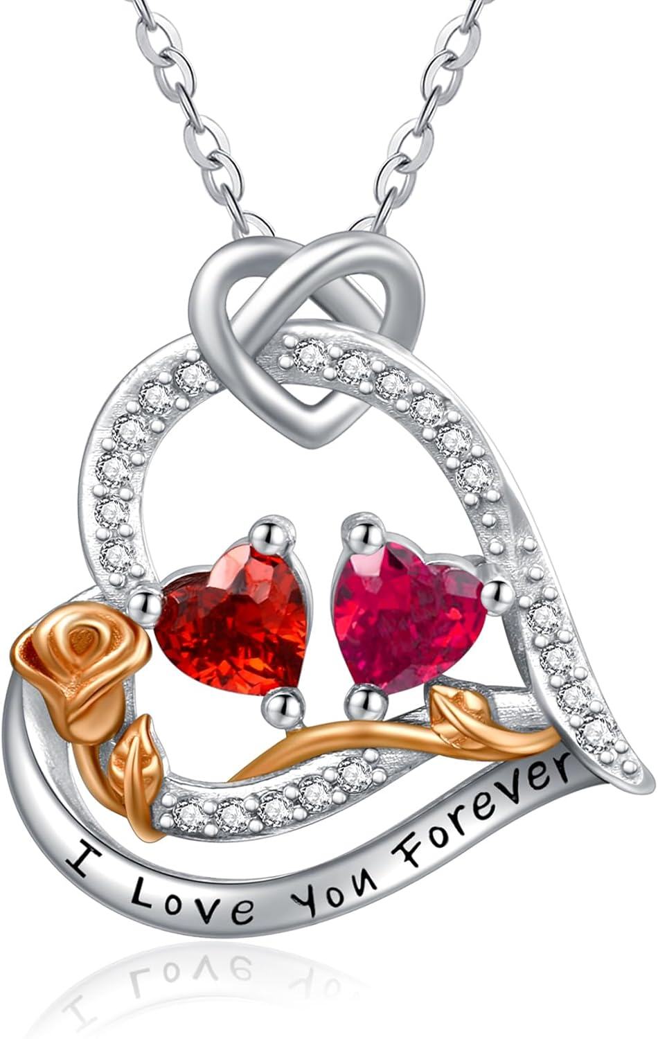  Sterling Silver 2 Birthstones Rose Heart Necklace for Women -01-07-Jan-Jul