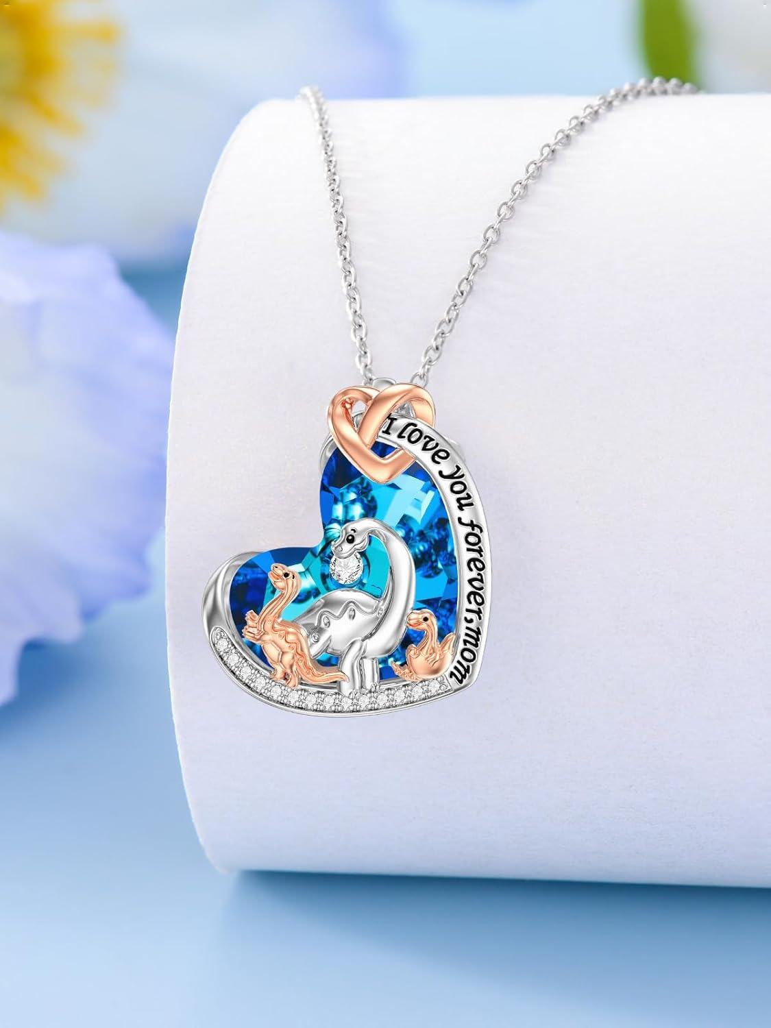 925 Sterling Silver I Love You Forever Heart Pendant w/ Blue Crystal & Dinosaurs - Gift for Mom-0-1