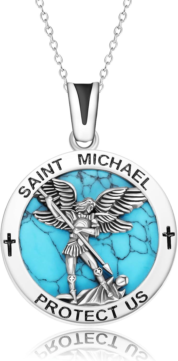 Sterling Silver Catholic Medal Necklace St Michael Christopher Benedict Virgin Mary Amulet Pendant for Men Women-St Michael(Turquoise)-St Michael B