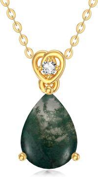 wholesale 14K Gold Diamond (I2 I3) 2Ct Teardrop Birthstone Necklace for Women-moss agate
