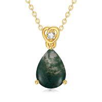 wholesale 14k Gold Teardrop Aquamarine Diamond Pendant Necklace Wholesale With Heart Detail-moss agate