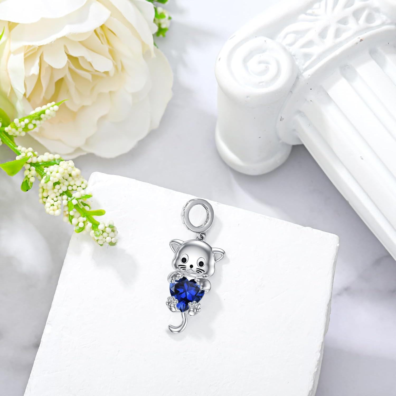 Silver Birthstone Cat Charm Bead Gift for Women-0-2