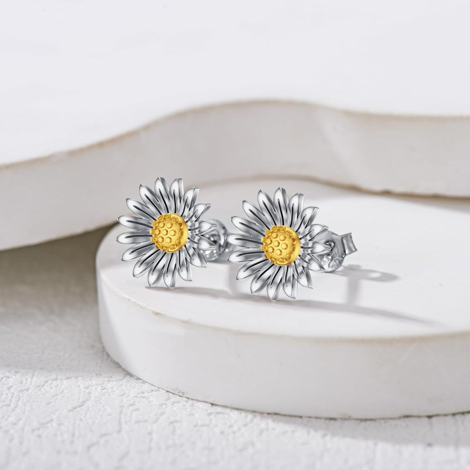 Sterling Silver Crystal Sunflower Stud Earrings Two Tone You Are My Sunshine Gift for Women Mom-0-2