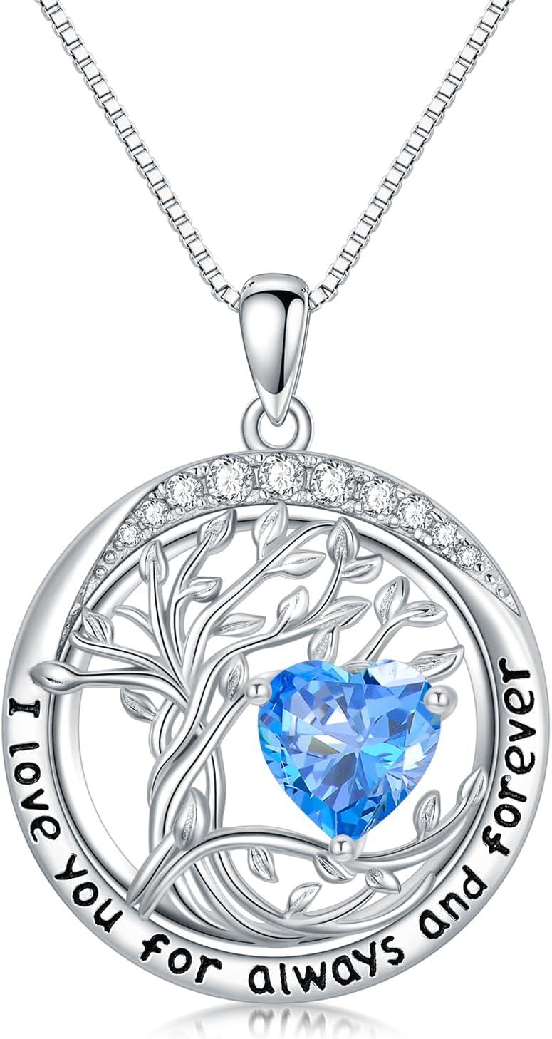 White Gold Sterling Silver Austrian Crystal Tree of Life Birthstone Necklace-03-Mar-Aquamarine