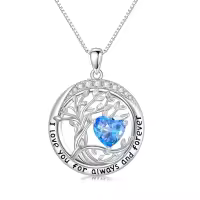 wholesale 925 Sterling Silver Austrian Crystal Tree of Life Pendant Necklaces with Birthstone for Women-03-Mar-Aquamarine