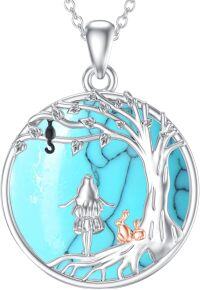wholesale Sterling Silver Stone Alice in Wonderland Cat Pendant Necklace Tree of Life Jewelry Gift for Women-Tree-Turquoize