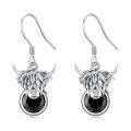 wholesale 925 Sterling Silver Highland Cow Earrings With Black Gem-0-0
