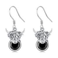 wholesale 925 Sterling Silver Highland Cow Earrings With Black Gem-Highland Cow