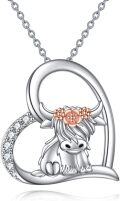 wholesale 925 Sterling Silver Crystal Highland Cow Pendant Necklace with Rose Gold Accents and Cubic Zirconia Stones-0-0