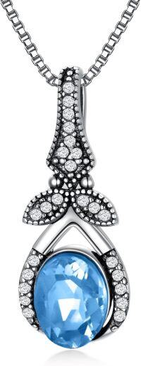 wholesale Sterling Silver Crystal Vintage Necklace 925 Retro Oxidized Dainty Pendant w 8 6 Oval Birthstone Women s Gift-Aqua Blue