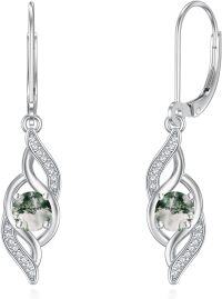 wholesale 925 Sterling Silver 12 Birthstone Leverback Dangle Earrings for Women-Moss Agate