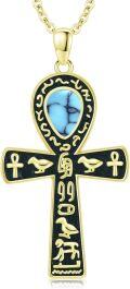 wholesale Gold 925 Sterling Silver Ankh Necklace with Turquoise and Black Stone Elements - 24K Gold Plated Egyptian Cross Pendant-0-0